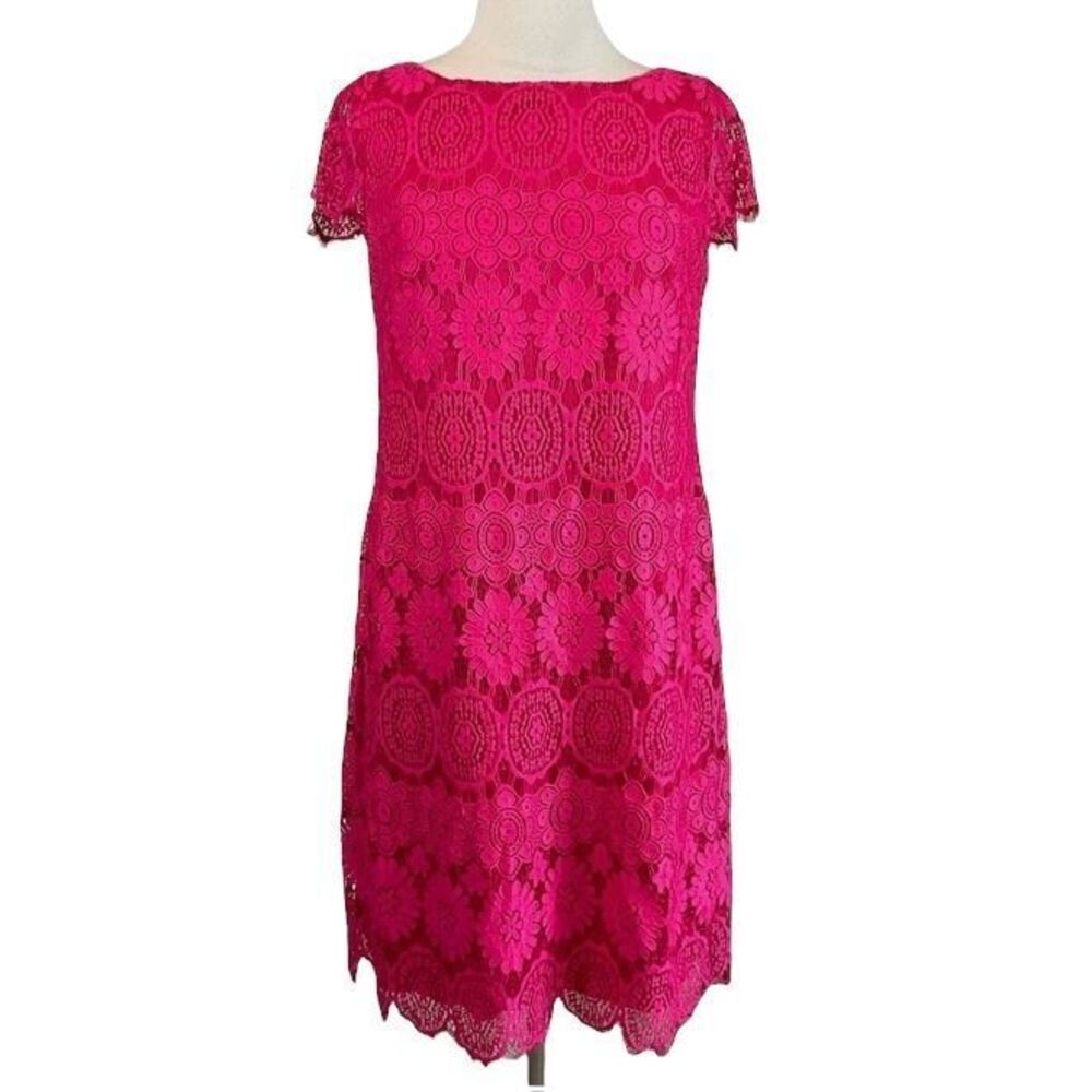 Eliza‎ J Elegant Hot Pink Floral Lace Overlay Dress with Scalloped Hem